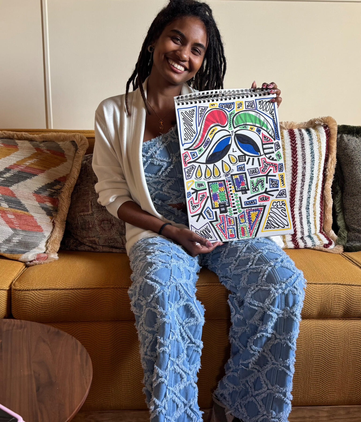 Abstract acrylic-marker artwork Diary of a Free Agent by shanelle julia rosita, featuring geometric and robotic-inspired forms, bold black linework, segmented shapes, and bright color accents arranged in an open, energetic composition.