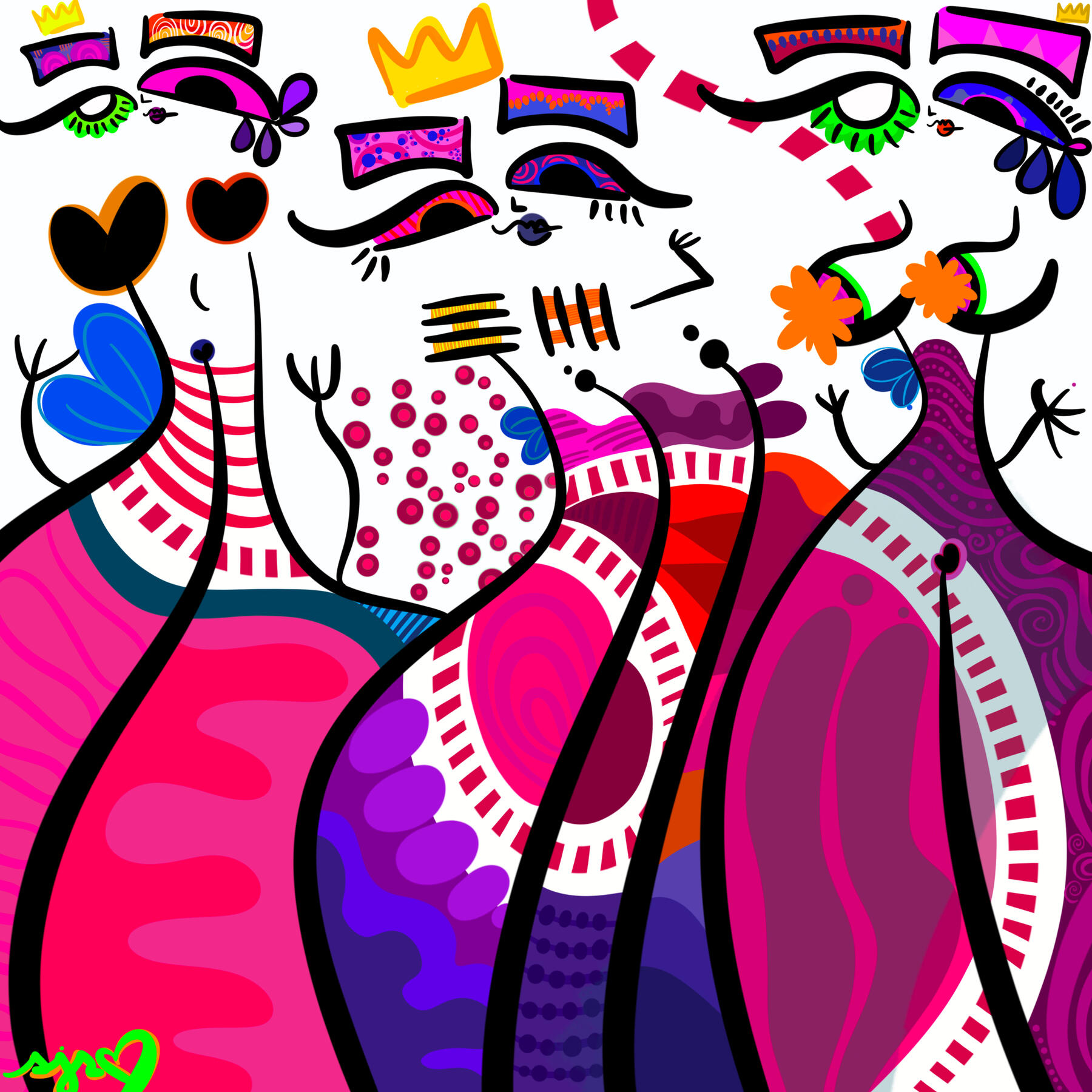 Abstract digital artwork TLC by shanelle julia rosita, featuring three stylized figures with bold black linework, bright pink, purple, orange, blue, and green patterns, crowns, hearts, and floral details.