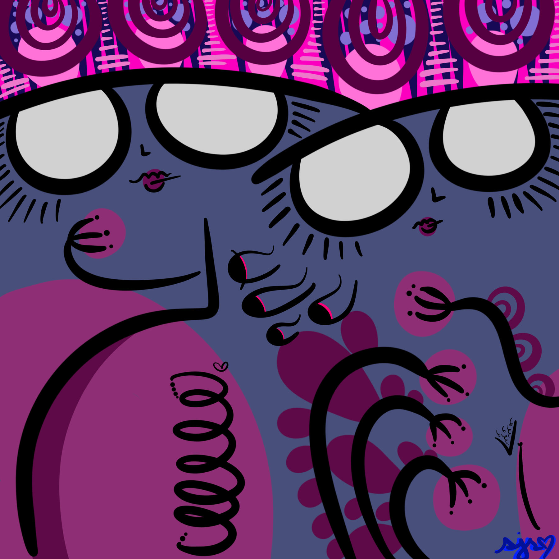 Abstract digital artwork Conference Call by shanelle julia rosita, featuring overlapping stylized faces with oversized eyes, bold black linework, and layered purple, pink, burgundy, and blue patterns.