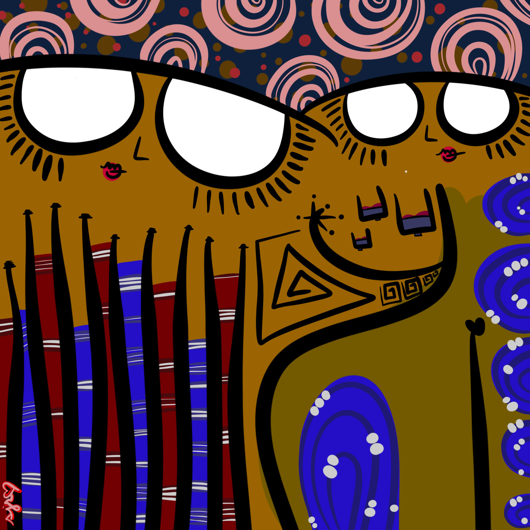 Abstract digital artwork Prism Sentence by shanelle julia rosita, featuring an ochre figure with oversized white eyes, black linework, purple forms, and pink spiral patterns.