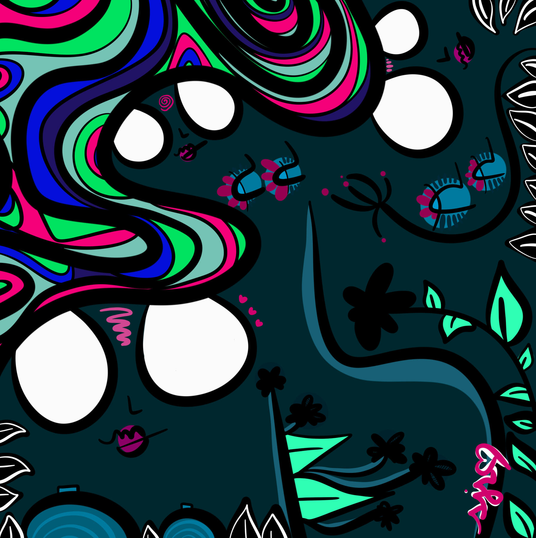 Abstract digital artwork Plethora by shanelle julia rosita, featuring overlapping stylized faces with oversized white eyes, bold black linework, floral forms, and layered green, blue, pink, purple, and teal patterns.