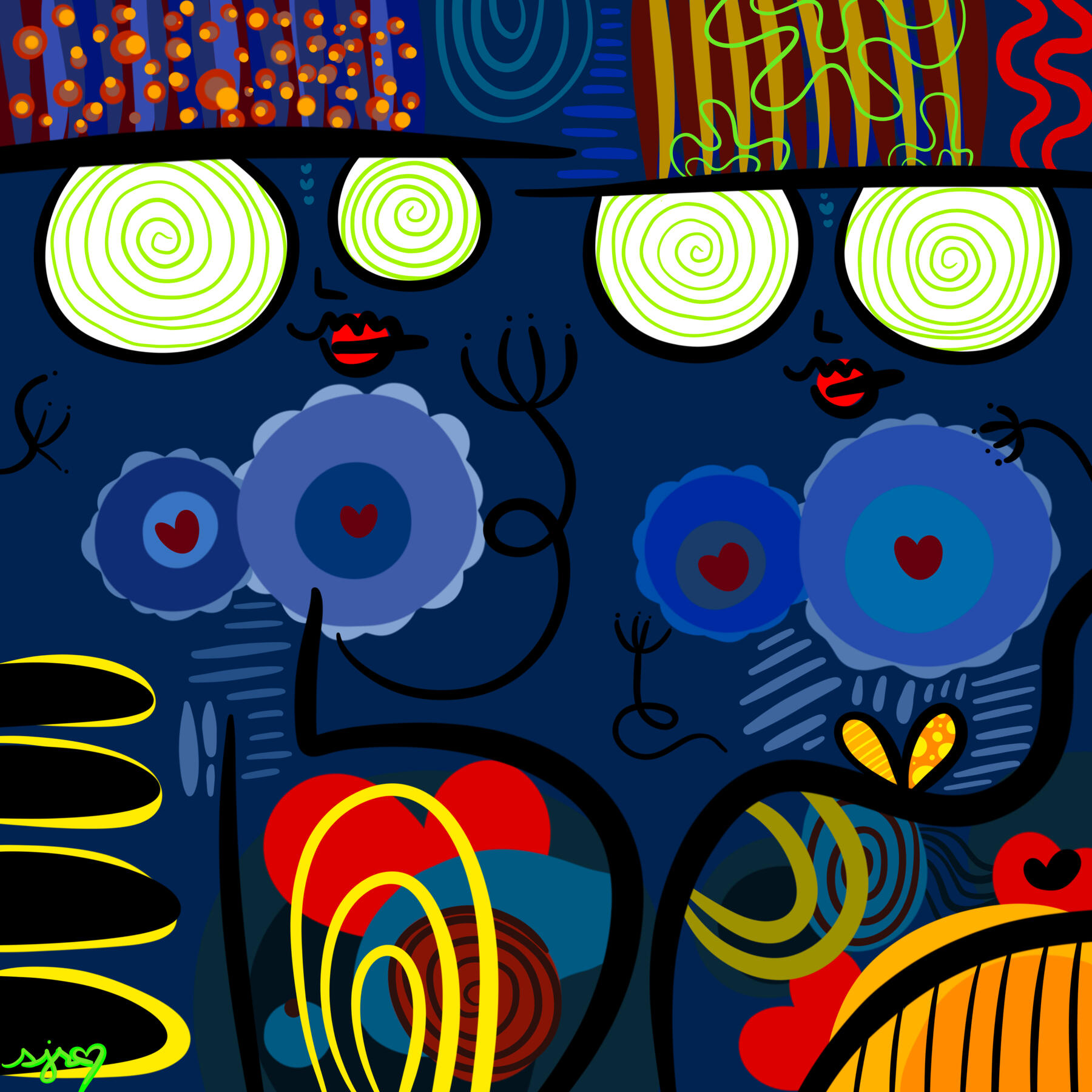 Abstract digital artwork The Bloom Between Us by shanelle julia rosita, featuring two stylized blue figures with spiral eyes, black linework, floral forms, hearts, and layered red, yellow, orange, and blue patterns.